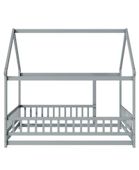 Streamdale Furniture Full Size House Floor Wooden Bed with Roof Frame, Safety Guardrails