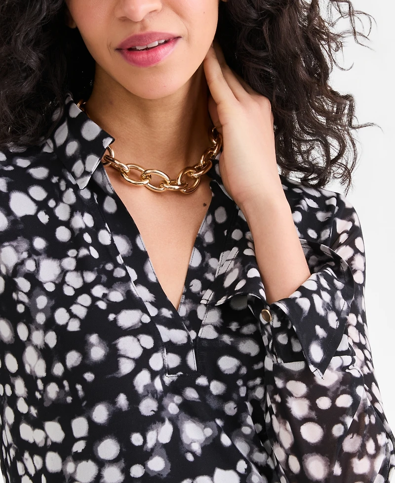 I.n.c. International Concepts Women's Long-Sleeve Printed Mesh Collared Top, Macy's Exclusive