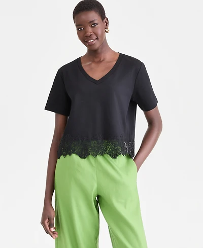 I.n.c. International Concepts Women's Lace-Trim Short Sleeve T-Shirt, Macy's Exclusive