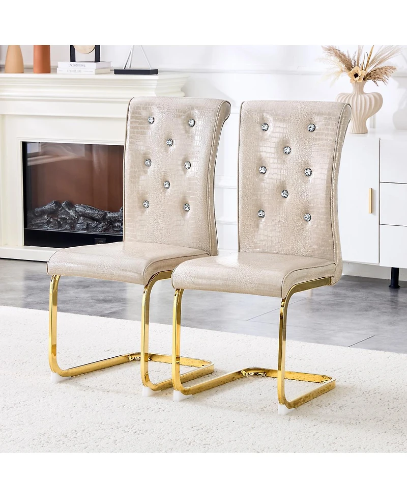 Streamdale Furniture Set of 2 Retro Alligator Upholstered Dining Chairs with Crystal Buckle & Gold Legs