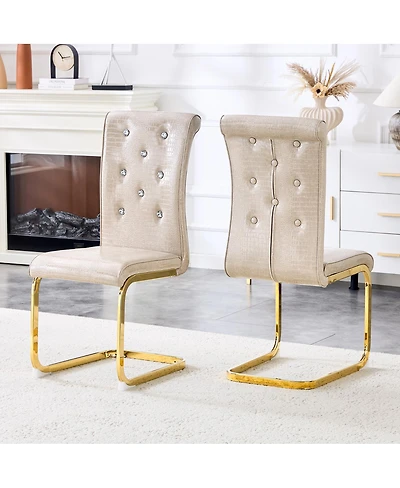 Streamdale Furniture Set of 2 Retro Alligator Upholstered Dining Chairs with Crystal Buckle & Gold Legs