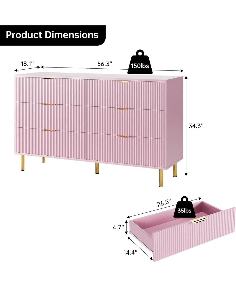 gaomon Modern 6-Drawer Dresser for Bedroom, Wooden Chest with Gold Handles and Storage