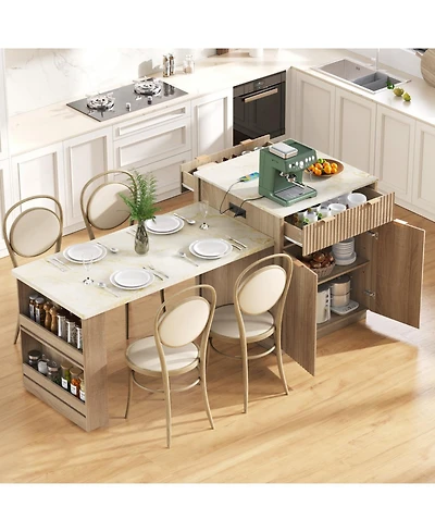 Streamdale Furniture Fluted Kitchen Island with Extendable Dining Table, Power Outlet & Storage
