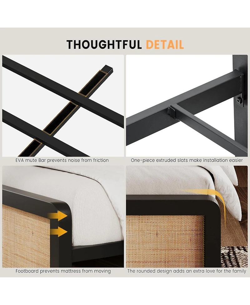 gaomon Rattan Queen Bed Frame, Boho Bed Frame with Headboard & Footboard, Bed Frame with Strong Metal Slat, Noise Free, No Box Spring Needed.