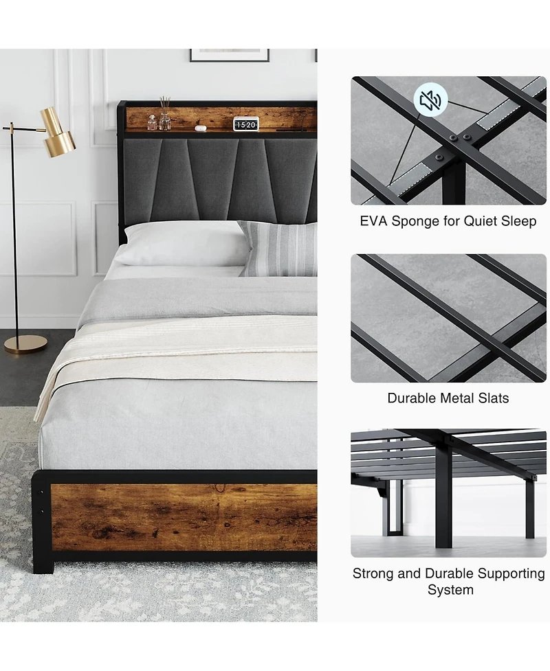 gaomon Bed Frame, Storage Headboard with Charging Station, Platform Metal Frame 4 Drawers, No Box Spring Needed