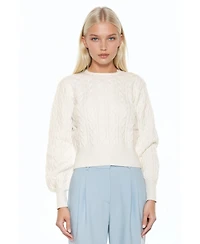 Alexia Admor Women's Berli Crewneck Bubble Sleeve Fully Knit Cable Sweater