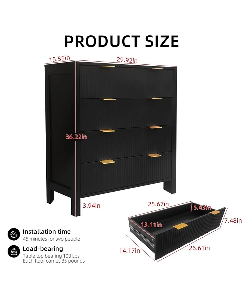 gaomon 30" Fluted 4-Drawer Dresser, Modern Storage Cabinet with Gold Handles for Bedroom, Black