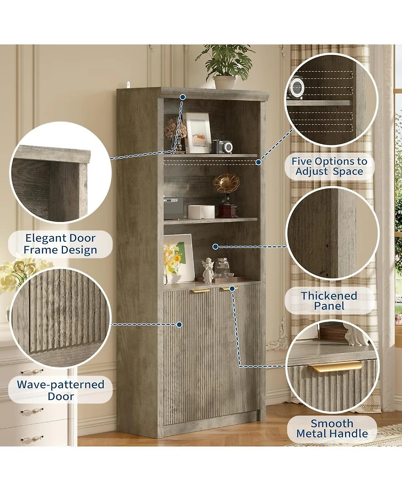 gaomon 5-Tier Bookcase with Storage Cabinet & Adjustable Shelf, Mid-Century Modern Bookshelf for Home Office, Grey