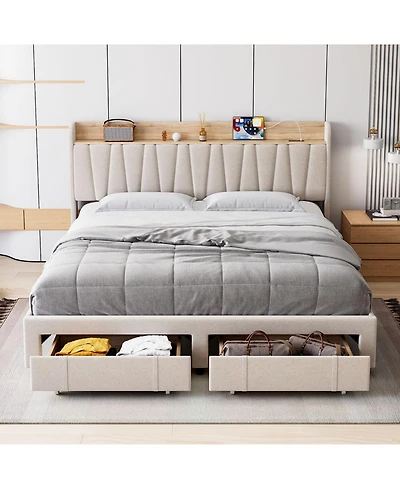gaomon Upholstered Bed Frame with Storage Headboard and Charging Station, Platform Bed Frame with Drawers, Heavy Duty