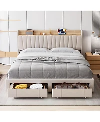 gaomon Upholstered Bed Frame with Storage Headboard and Charging Station, Platform Bed Frame with Drawers, Heavy Duty
