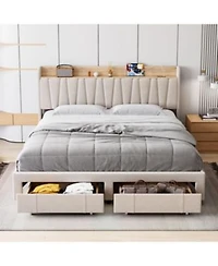 Gaomon Upholstered Bed Frame With Storage Headboard Charging Station Platform Bed Frame With Drawers Heavy Duty No Box Spring Needed