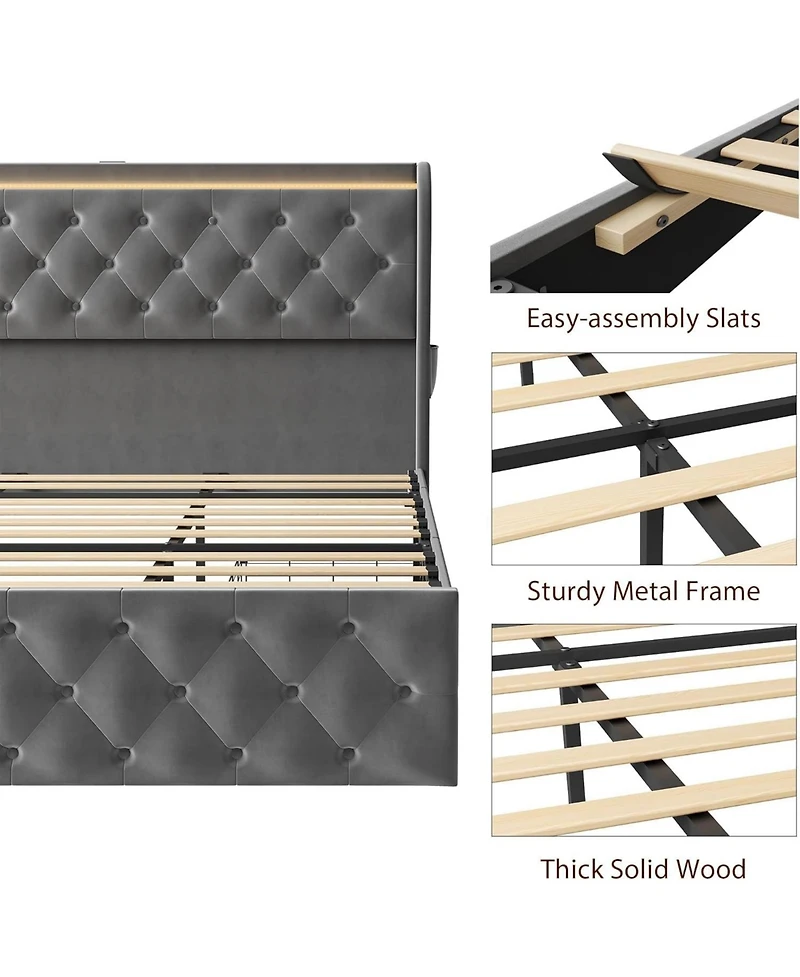 Gaomon Led Platform Bed Frame with Charging Station, Velvet Upholstered Bed Frame with Button Wingback Headboard, No Box Spring Needed
