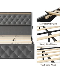 Gaomon Led Platform Bed Frame with Charging Station, Velvet Upholstered Bed Frame with Button Wingback Headboard, No Box Spring Needed