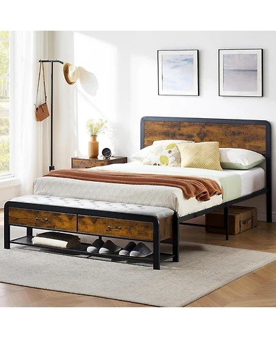 Gaomon Queen Bed Frame with Wood Headboard & Storage Bench – 14" Heavy Duty Metal, Noise-Free, Easy Assembly, Brown
