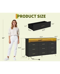 gaomon 9-Drawer Tall Dresser with Rgb Lights & Charging Station, App-Controlled Led Wooden Storage Chest