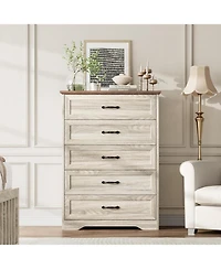 gaomon 5-Drawer Tall Dresser for Bedroom, Farmhouse Wooden Chest with Wide Metal Handles, Storage Organizer