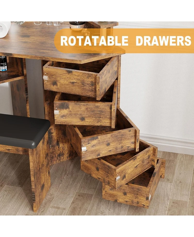 Gaomon Corner Makeup Vanity Desk with Lights and Power Outlet, Rotating Drawers and Adjustable Shelves