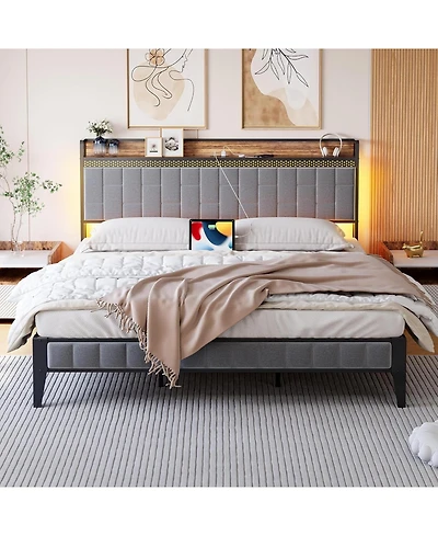 gaomon Bed Frame with Headboard Storage & Charging Station, Grey Upholstered Platform Bed with Rgb Led Lights