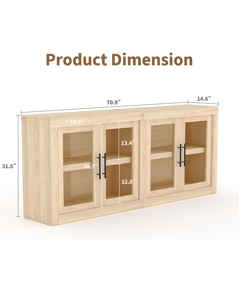 gaomon 70.8" Sideboard Buffet Cabinet with 4 Glass Doors, Farmhouse Modern Accent Storage Cabinet, Beige