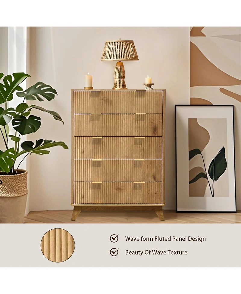gaomon 48" Tall 5-Drawer Fluted Dresser, Mid-Century Storage Chest for Bedroom and Entryway, Beige