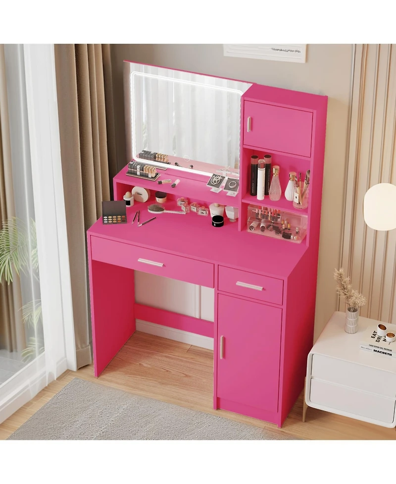 Streamdale Furniture Streamdale Rose Pink Vanity Desk with Mirror, Led Light & Drawer
