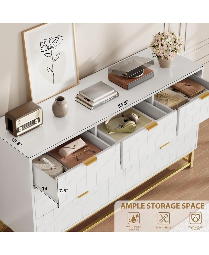 gaomon Modern Dresser for Bedroom, 53.5" Wide 7-Drawer Organizer with Golden Metal Handles and Legs, Stylish Chest of Drawers Living Room