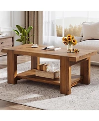 Tribesigns Solid Wood Coffee Table with 2-Tier Storage Shelf, 47.2" Farmhouse Rectangle Center Table Furniture for Living Room, Apartment, Office