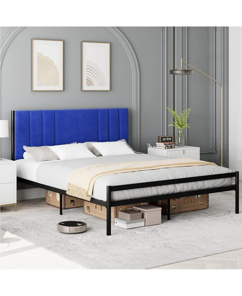gaomon King Bed Frame, Platform Bed Frame with Velvet Headboard, Heavy Duty Metal Bed Frame with 15 Strong Slats Support