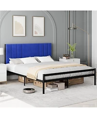 gaomon King Bed Frame, Platform Bed Frame with Velvet Headboard, Heavy Duty Metal Bed Frame with 15 Strong Slats Support