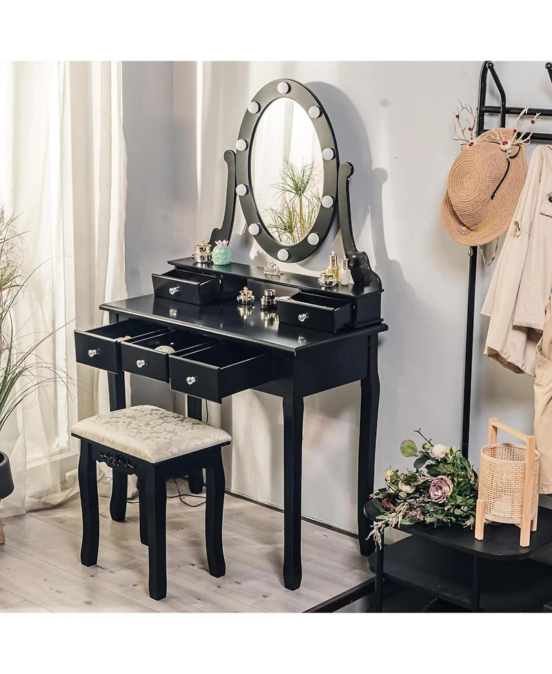 gaomon Vanity Desk with Mirror and Lights, Wood Makeup Dressing Table with Stool and 5 Drawers, Black