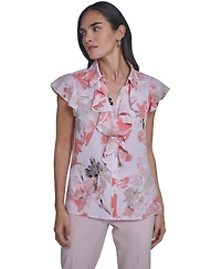 Calvin Klein Women's Printed Cap-Sleeve Ruffle Front Top