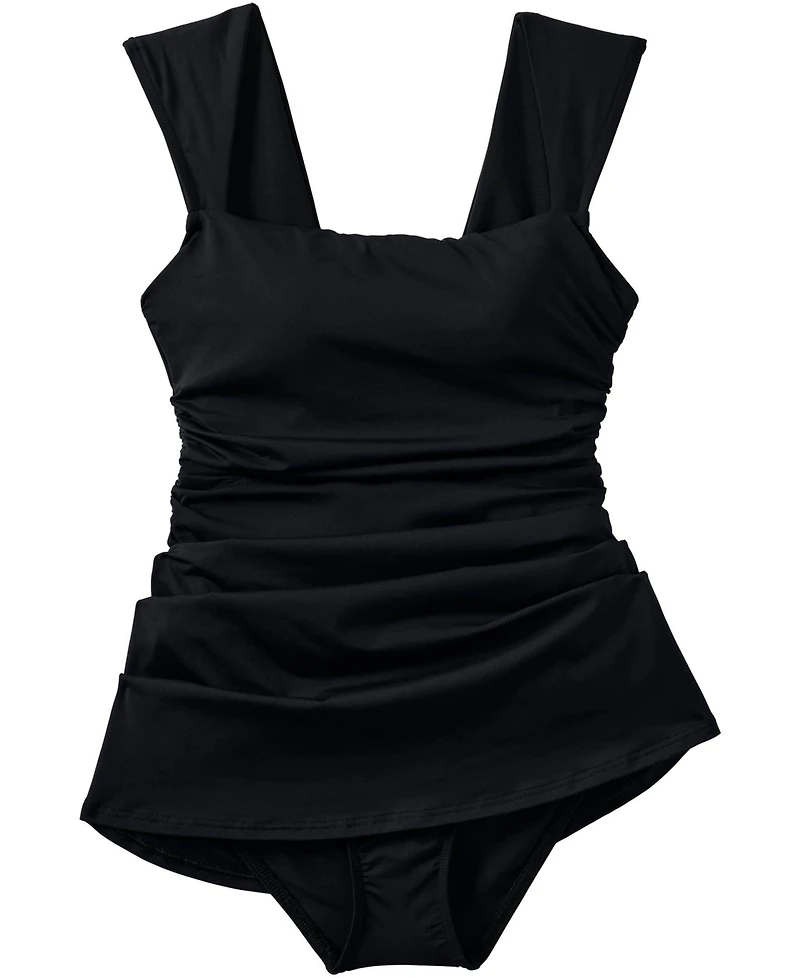 Lands' End Women's Smoothing Square Neck Ruched Swim Dress Swimsuit