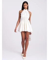 Miss Circle Women's Idalia Beaded Lace Trim Backless Halter Mini Dress