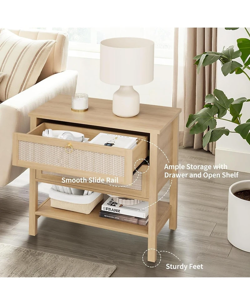 gaomon Rattan Nightstand Set of 2, Boho Bedside Tables with 2 Rattan Drawers & Large Storage