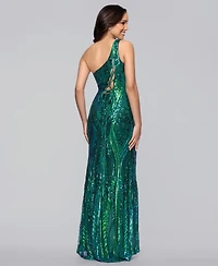 Blondie Nites Juniors' Sequin One-Shoulder Side-Slit Gown