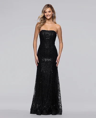 Blondie Nites Juniors' Long Glitter Strapless Corset Fit & Flare Ball Gown