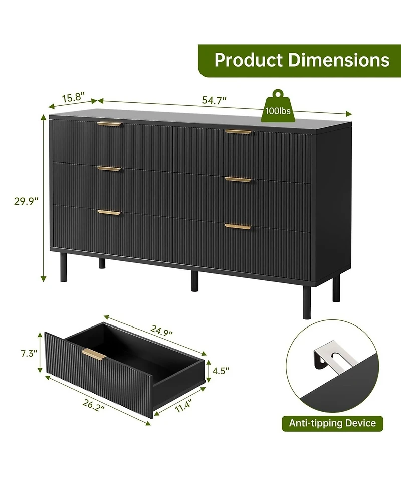 gaomon 6 Drawer Wave Fluted Dresser, Wide Modern Wood Chest with Metal Legs and Handles, Anti-Tip Design