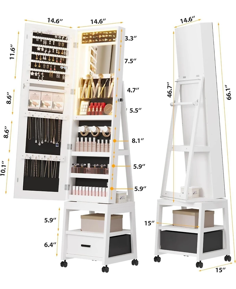 Gaomon 360° Swivel Jewelry Cabinet with Led Lights, Full-Length Mirror and Jewelry Storage, White