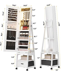 Gaomon 360° Swivel Jewelry Cabinet with Led Lights, Full-Length Mirror and Jewelry Storage, White