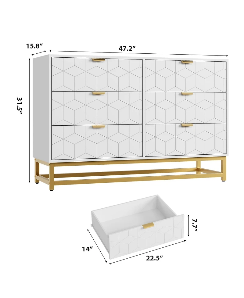 gaomon 6 Drawer Dresser with Wide Storage, Modern Wood Chest Organizer with Metal Legs for Bedroom or Living Room