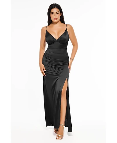 Popilush Women's Shapewear Satin Deep-v Front Slit Maxi Dress