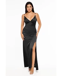 Popilush Women's Shapewear Satin Deep-v Front Slit Maxi Dress