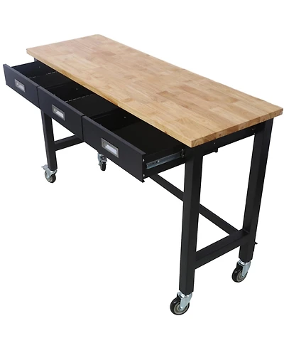 Streamdale Furniture 60 Workbench with drawer, bamboo top & wheels for garage or office"