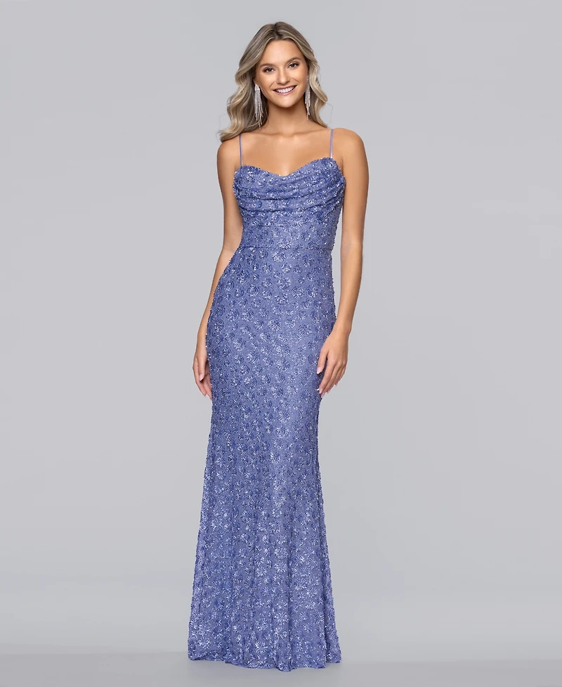 Blondie Nites Juniors' Long Cowl Neck Sequin Slim Ball Gown