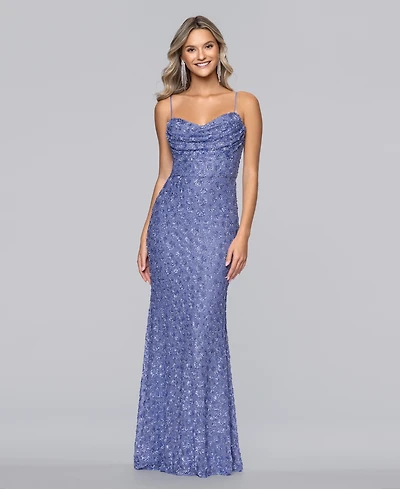 Blondie Nites Juniors' Long Cowl Neck Sequin Slim Ball Gown