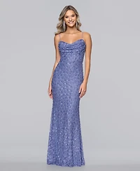 Blondie Nites Juniors' Long Cowl Neck Sequin Slim Ball Gown