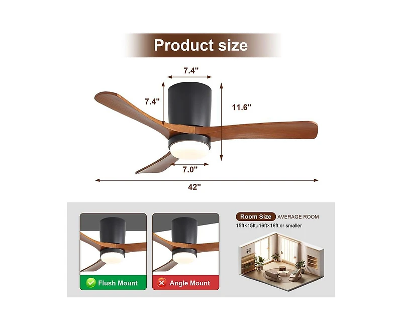 Sofucor 42-inch Minimalist Black 3-Blade Flush Mount Ceiling Fan with Light Remote Control and Timing Function