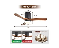 Sofucor 42-inch Minimalist Black 3-Blade Flush Mount Ceiling Fan with Light Remote Control and Timing Function