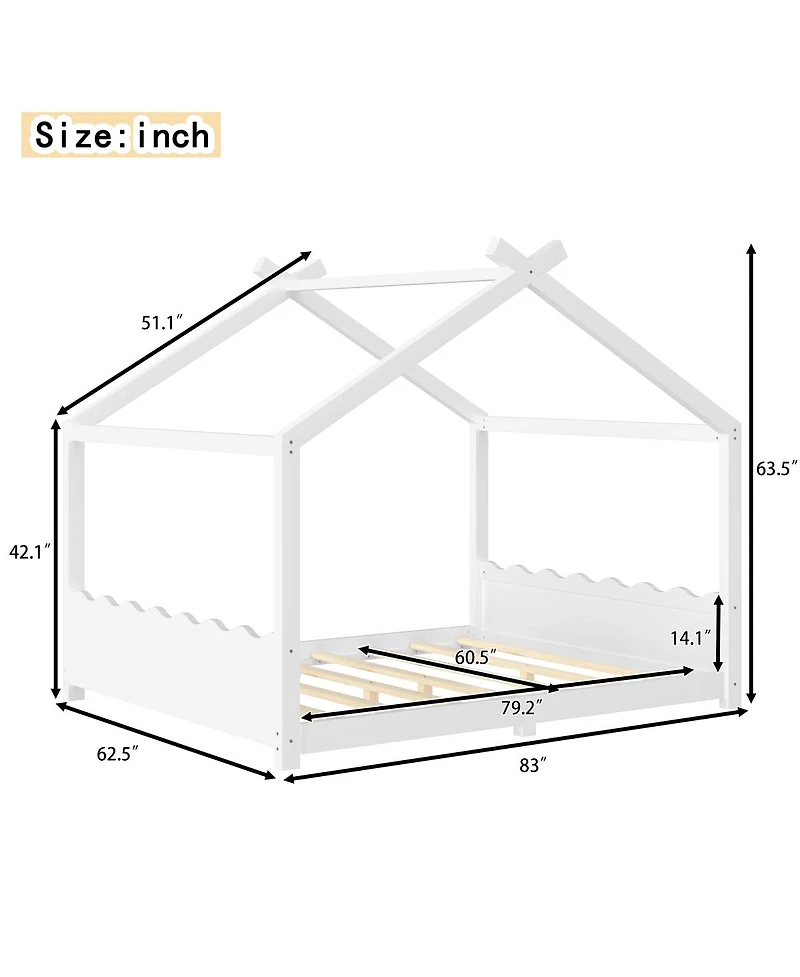 Streamdale Furniture Queen House Floor Bed with Slats, Solid Wood Frame for Kids