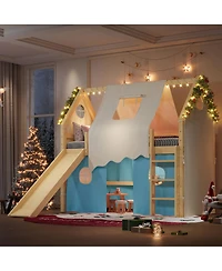 Streamdale Furniture Twin Size House Loft Bed with Sills, Tents, Slide, Lights